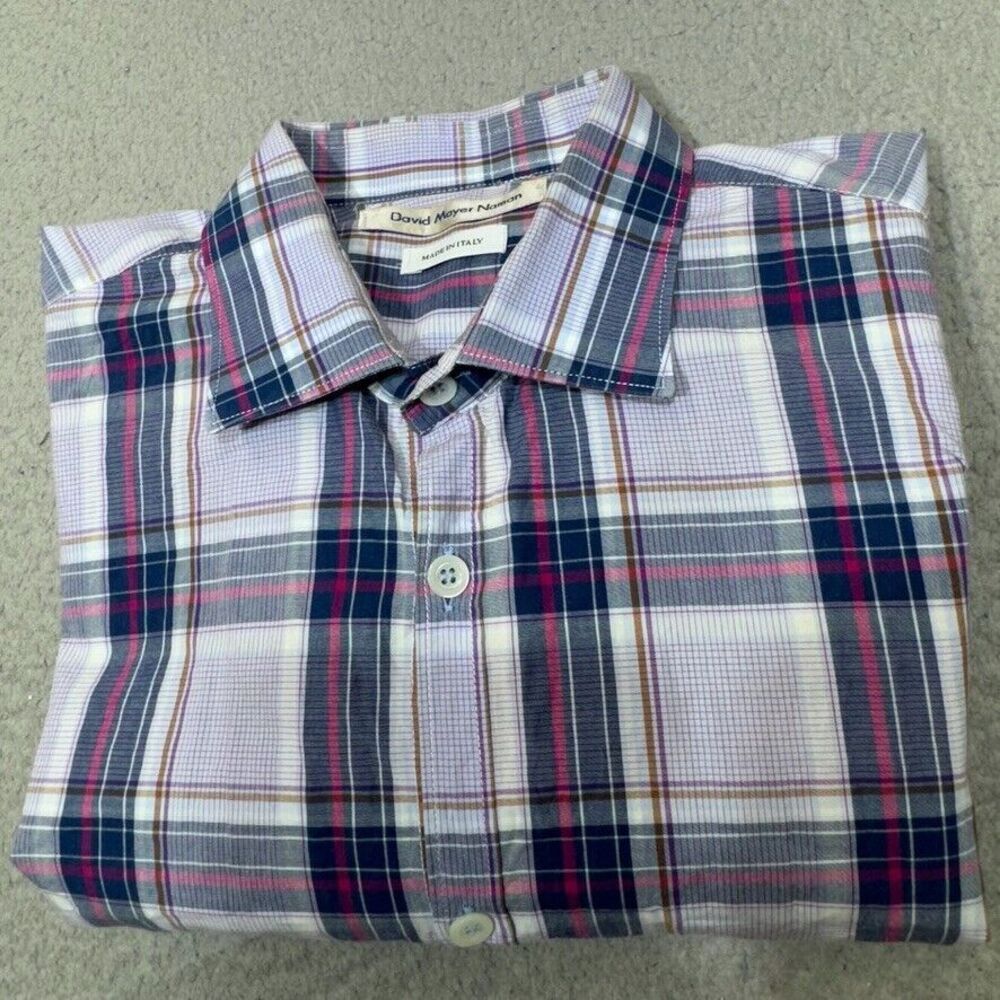 David‎ Naman Shirt Men Large Slim Purple Italian Cotton Cutaway Plaid Mayer Prep